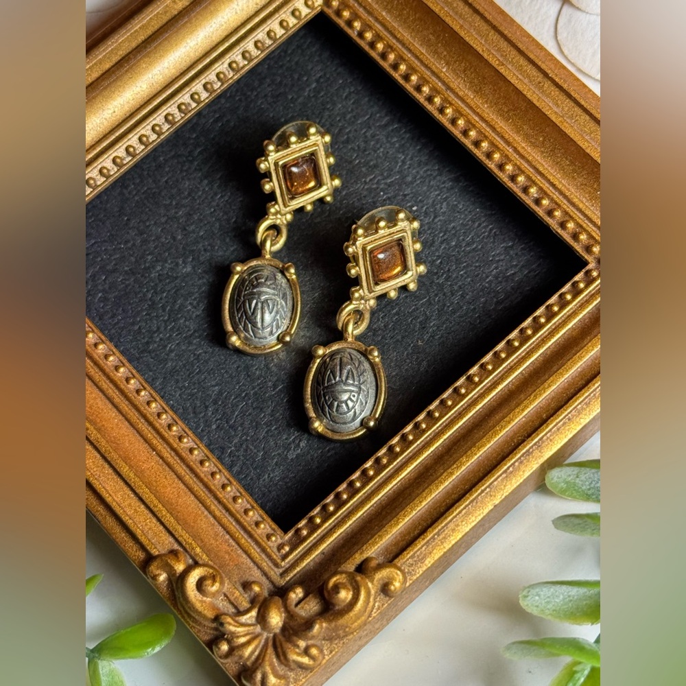 Gold Tone Vintage Scarab Drop Earrings